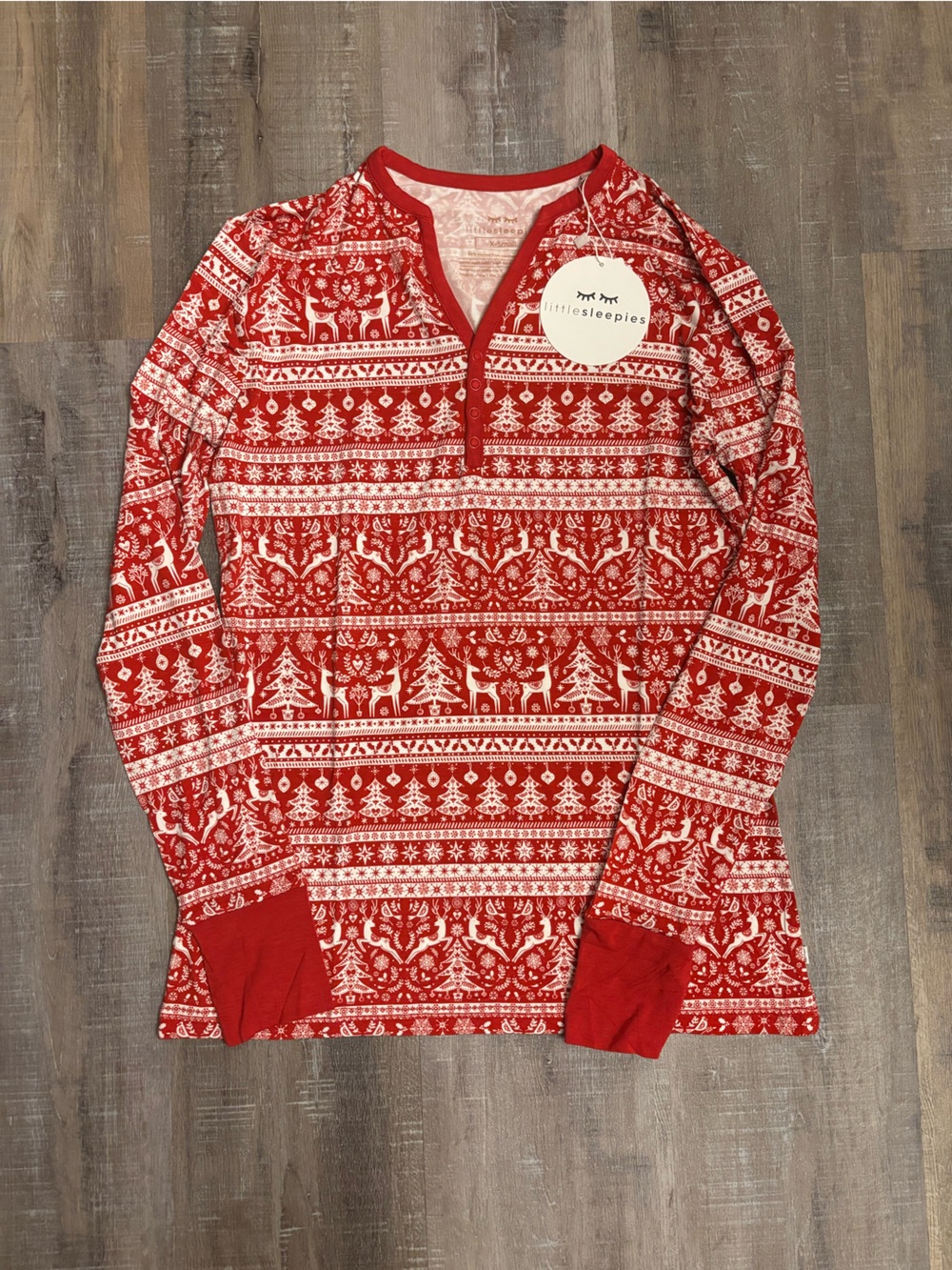 Little Sleepies Reindeer Cheer Women’s Henley Pajama Top Red Bamboo Size XS NWT